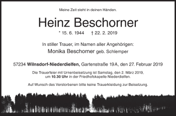Traueranzeige von Heinz Beschorner von Siegener Zeitung