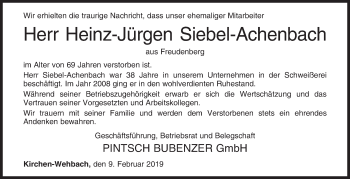 Traueranzeige von Heinz-Jürgen Siebel-Achenbach von Siegener Zeitung