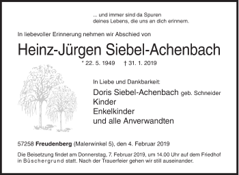 Traueranzeige von Heinz-Jürgen Siebel-Achenbach von Siegener Zeitung
