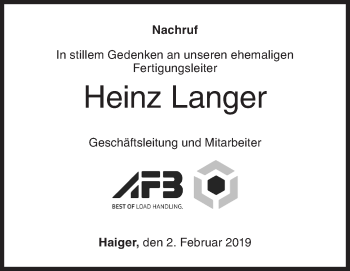 Traueranzeige von Heinz Langer von Siegener Zeitung