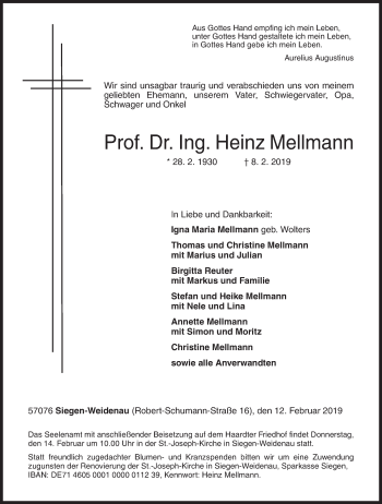 Traueranzeige von Heinz Mellmann von Siegener Zeitung