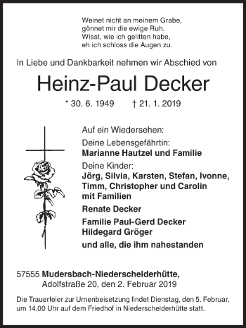 Traueranzeige von Heinz-Paul Decker von Siegener Zeitung