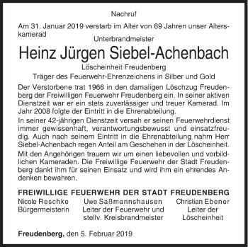 Traueranzeige von Heinz Jürgen Siebel-Achenbach von Siegener Zeitung