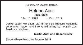 Traueranzeige von Helene Aust von Siegener Zeitung
