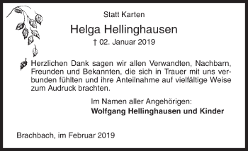 Traueranzeige von Helga Hellinghausen von Siegener Zeitung