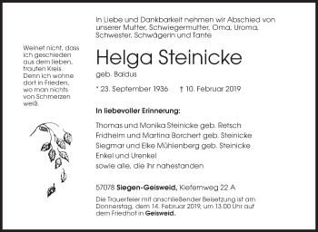 Traueranzeige von Helga Steinicke von Siegener Zeitung