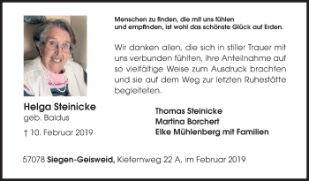 Traueranzeige von Helga Steinicke von Siegener Zeitung