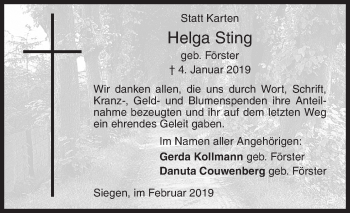 Traueranzeige von Helga Sting von Siegener Zeitung