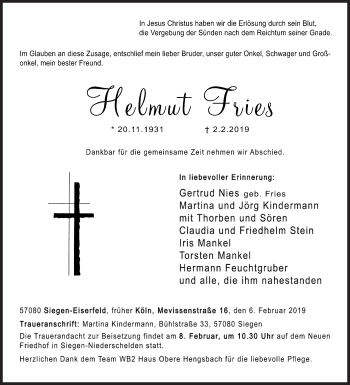 Traueranzeige von Helmut Fries von Siegener Zeitung