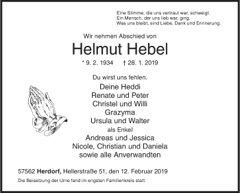 Traueranzeige von Helmut Hebel von Siegener Zeitung