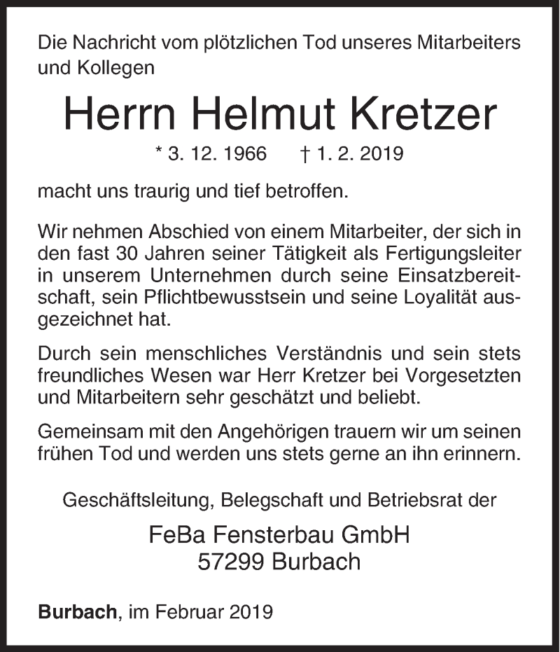  Traueranzeige für Helmut Kretzer vom 07.02.2019 aus Siegener Zeitung