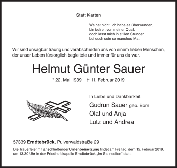 Traueranzeige von Helmut Günter Sauer von Siegener Zeitung
