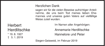 Traueranzeige von Herbert Herdlitschke von Siegener Zeitung