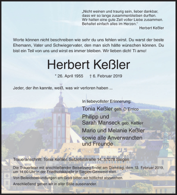 Traueranzeige von Herbert Keßler von Siegener Zeitung