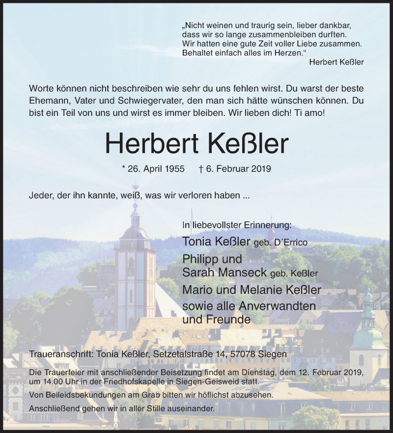  Traueranzeige für Herbert Keßler vom 08.02.2019 aus Siegener Zeitung
