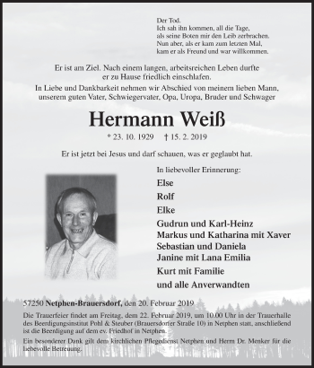 Traueranzeige von Hermann Weiß von Siegener Zeitung