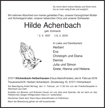 Traueranzeige von Hilde Achenbach von Siegener Zeitung