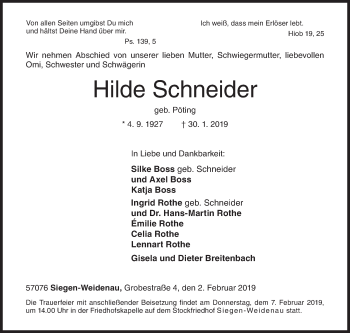 Traueranzeige von Hilde Schneider von Siegener Zeitung