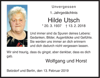 Traueranzeige von Hilde Utsch von Siegener Zeitung