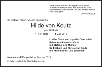 Traueranzeige von Hilde von Keutz von Siegener Zeitung