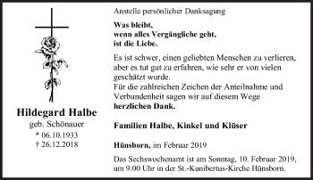 Traueranzeige von Hildegard Halbe von Siegener Zeitung