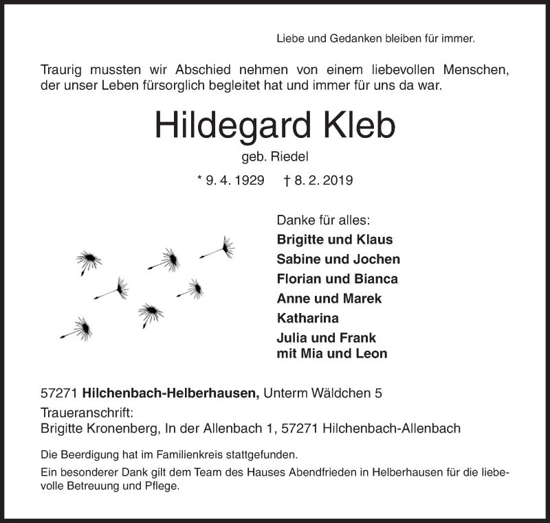  Traueranzeige für Hildegard Kleb vom 14.02.2019 aus Siegener Zeitung