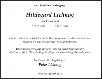 Traueranzeige von Hildegard Lichnog von Siegener Zeitung