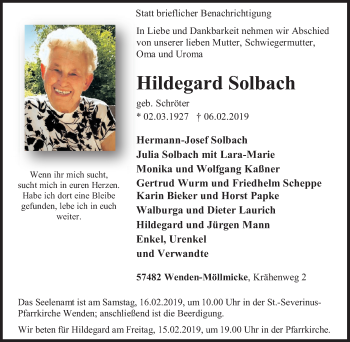 Traueranzeige von Hildegard Solbach von Siegener Zeitung