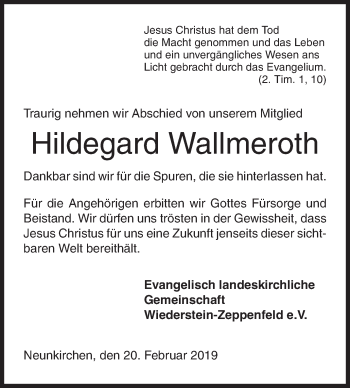 Traueranzeige von Hildegard Wallmeroth von Siegener Zeitung