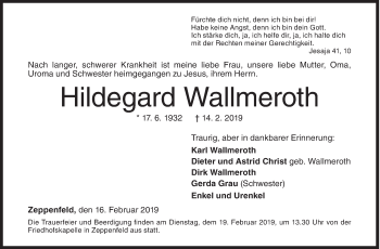 Traueranzeige von Hildegard Wallmeroth von Siegener Zeitung
