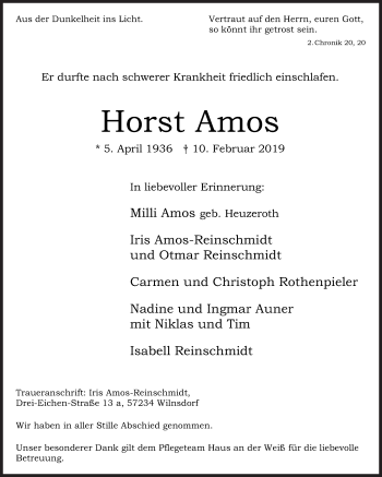Traueranzeige von Horst Amos von Siegener Zeitung