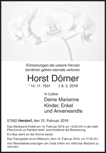 Traueranzeige von Horst Dörner von Siegener Zeitung