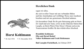 Traueranzeige von Horst Kohlmann von Siegener Zeitung