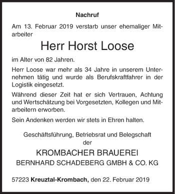 Traueranzeige von Horst Loose von Siegener Zeitung
