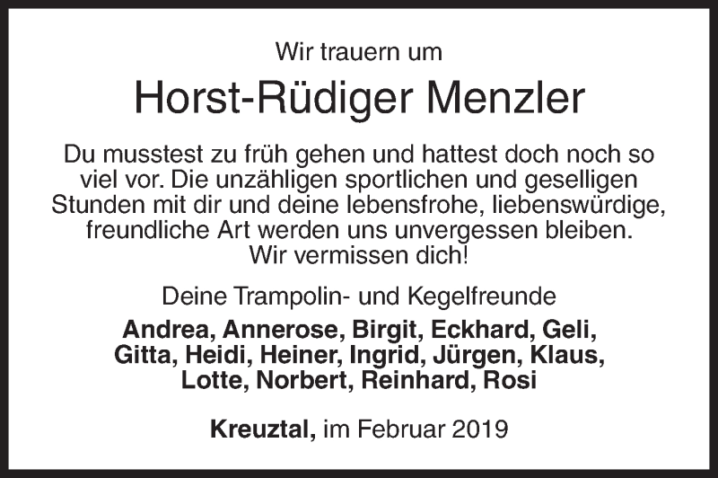  Traueranzeige für Horst-Rüdiger Menzler vom 11.02.2019 aus Siegener Zeitung