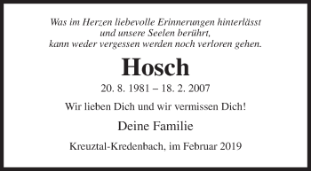 Traueranzeige von Hosch  von Siegener Zeitung