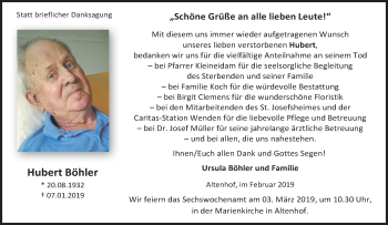 Traueranzeige von Hubert Böhler von Siegener Zeitung