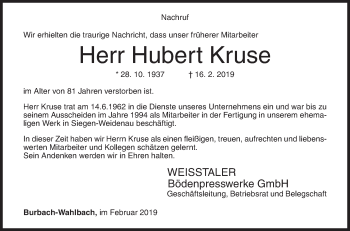 Traueranzeige von Hubert Kruse von Siegener Zeitung