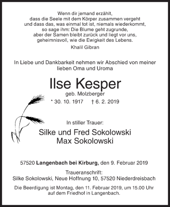 Traueranzeige von Ilse Kesper von Siegener Zeitung
