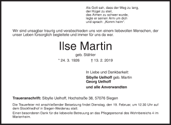 Traueranzeige von Ilse Martin von Siegener Zeitung