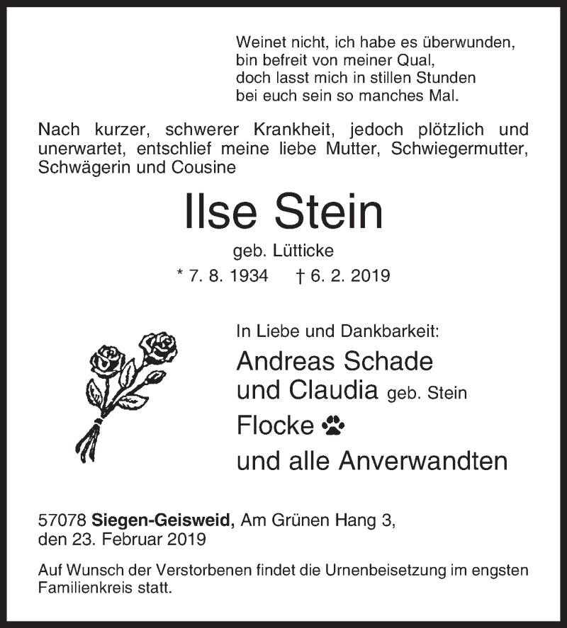  Traueranzeige für Ilse Stein vom 23.02.2019 aus Siegener Zeitung