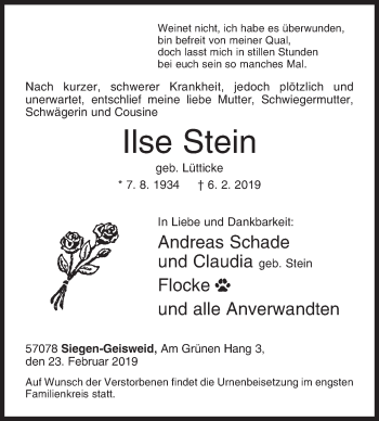 Traueranzeige von Ilse Stein von Siegener Zeitung