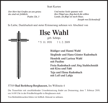 Traueranzeige von Ilse Wahl von Siegener Zeitung