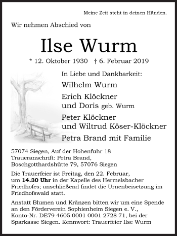 Traueranzeige von Ilse Wurm von Siegener Zeitung