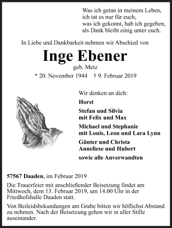 Traueranzeige von Inge Ebener von Siegener Zeitung
