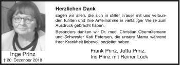 Traueranzeige von Inge Prinz von Siegener Zeitung