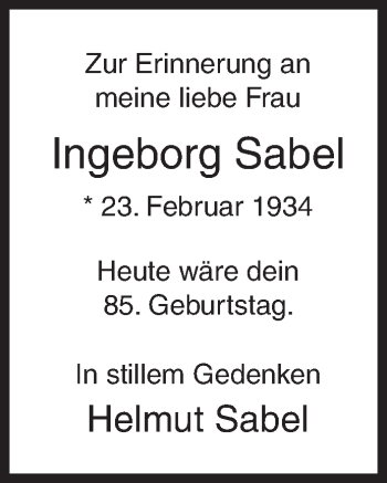 Traueranzeige von Ingeborg Sabel von Siegener Zeitung