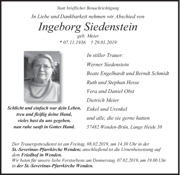 Traueranzeige von Ingeborg Siedenstein von Siegener Zeitung
