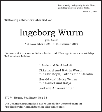 Traueranzeige von Ingeborg Wurm von Siegener Zeitung