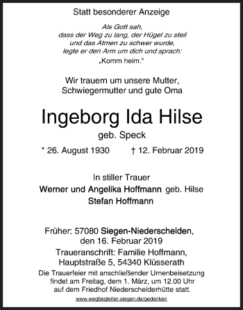 Traueranzeige von Ingeborg Ida Hilse von Siegener Zeitung